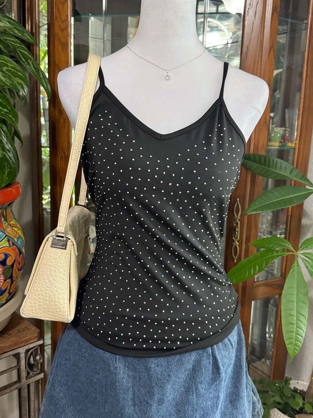 Women's Black Studded V-Neck Spaghetti Strap Cami